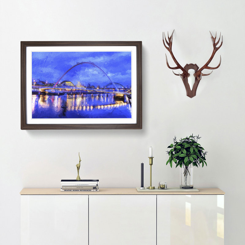 Millennium Bridge in Newcastle - Picture Frame Painting Print, 27cm H x 36cm W x 2cm D, Walnut Framed