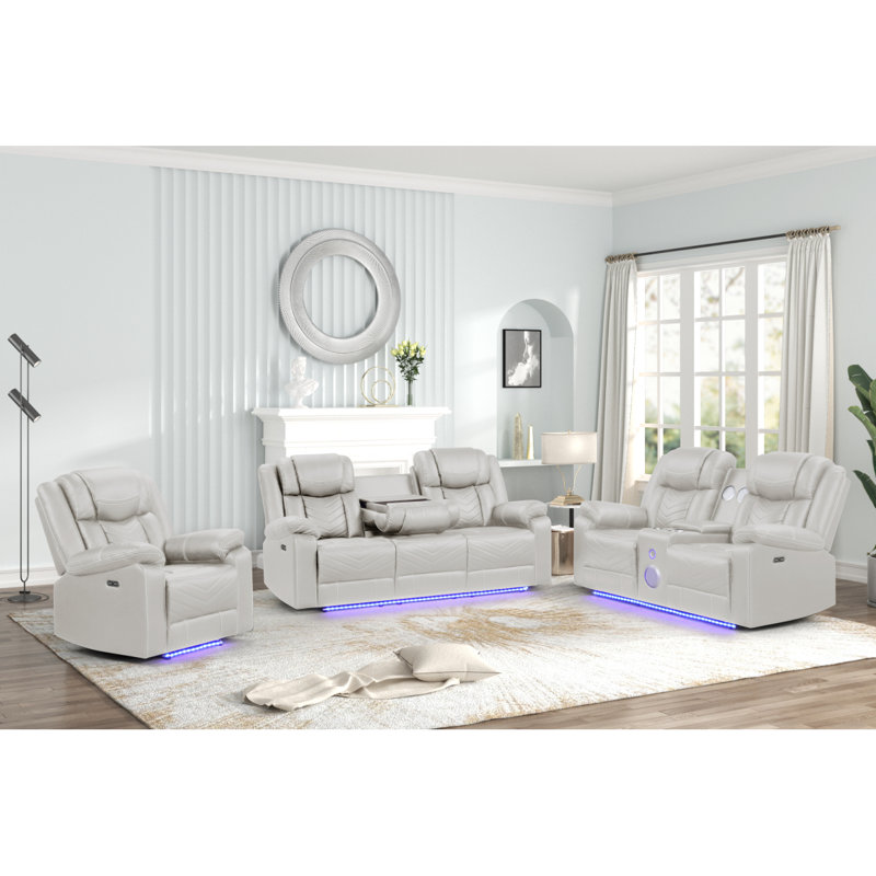 Canapé inclinable électrique moderne et contemporain à DEL avec porte-gobelets en bois et structure en métal de la même couleur que beige
