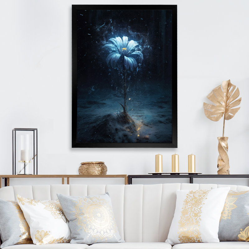 Amaryllis abstrait fleur bleue I - impression, Cadre simple noir, H 44 po x l 34 po x P 1,5 po