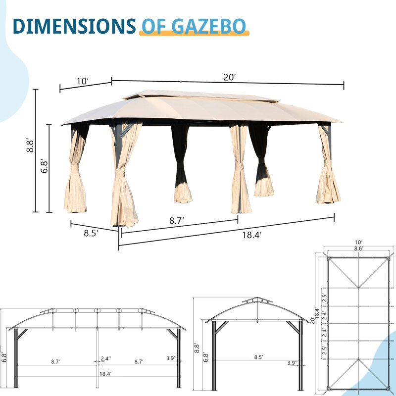 Pavillon de jardin extérieur 10 x 20 pi - coins réglables, rideaux d'intimité, intérieur spacieux de la tente brune, tissu imperméable, cadre robuste,
