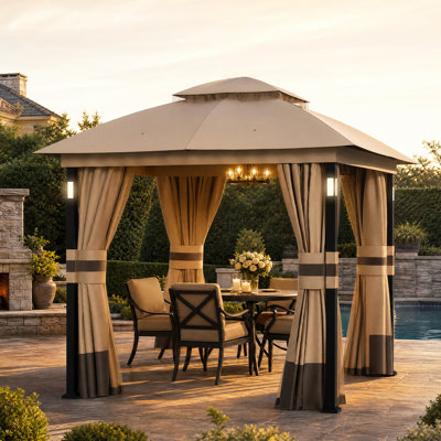 Pavillon de jardin à toit souple en acier à double toit avec éclairage DEL et haut-parleur Bluetooth