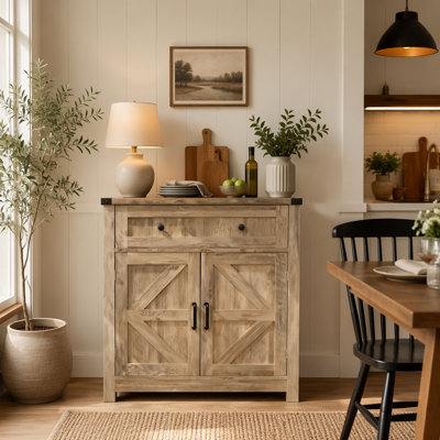 Armoire de rangement en bois lavé avec porte de grange, buffet de café avec tiroir pour la cuisine et le salon