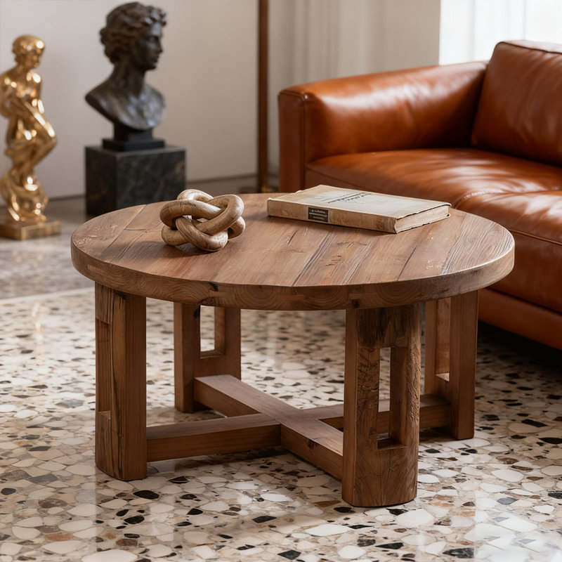 Table basse ronde en bois massif rétro noyer