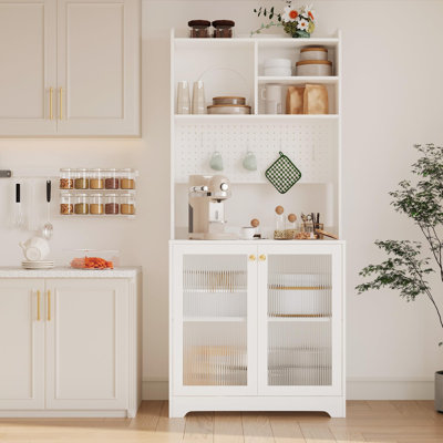 Armoire de cuisine, armoire de rangement autoportante de 71 pouces avec 7 compartiments, panneau perforé, 2 portes et tablettes en verre