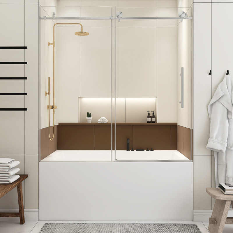 56-60.In W X 60.In H Frameless Shower Door Single Sliding,1/4 In Thick Clear Tempered Glass, Explosion Proof Film, Stainless Steel Handle,Brushed Nickel
