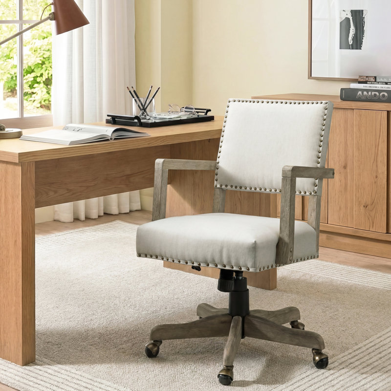 Bromley Farmhouse Linen Task Chair with Solid Wood Arm and Nailhead Trim, Linen