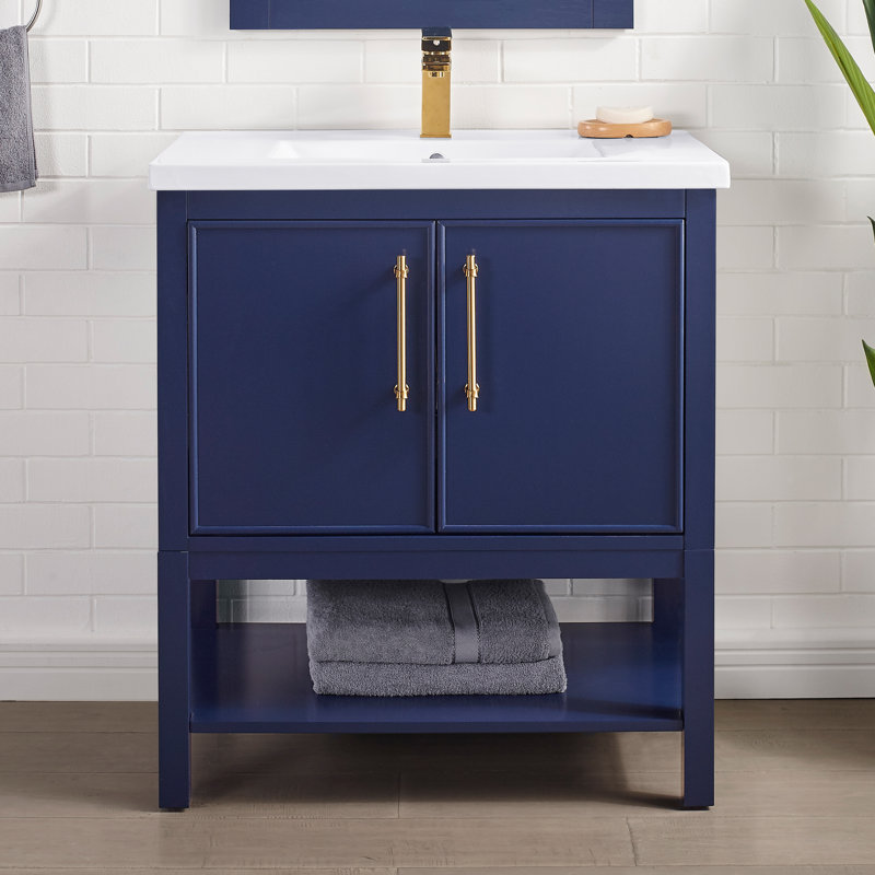 Jewell 30'' Single Bathroom Vanity with Ceramic Top, Navy Blue/Antique Brass