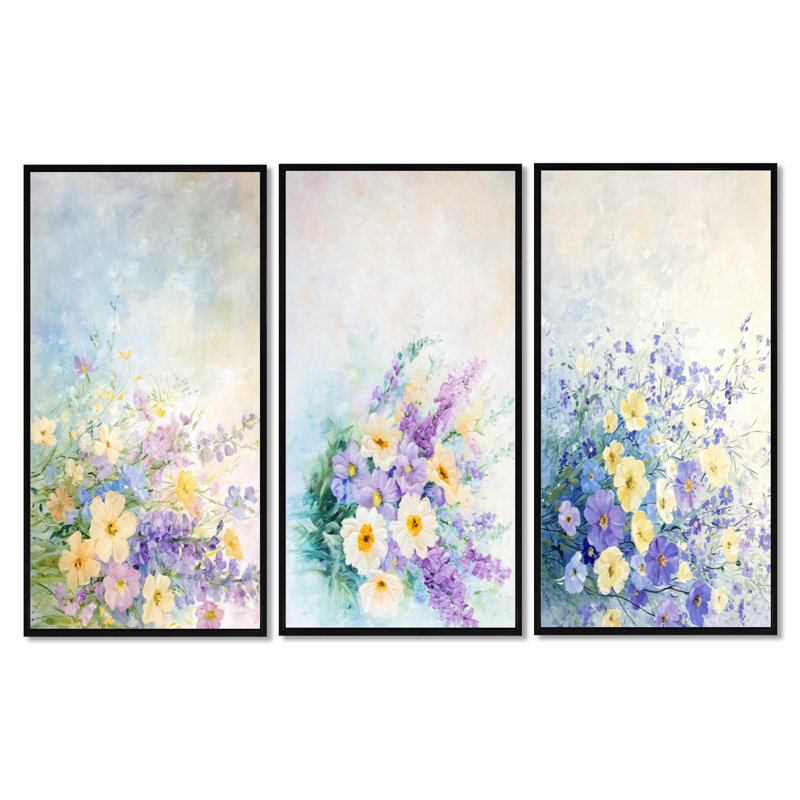 Lavande aux couleurs de fleurs sauvages - Bouquet 3 panneaux d'art mural, Cadre flottant noir, H 32 po x l 48 po