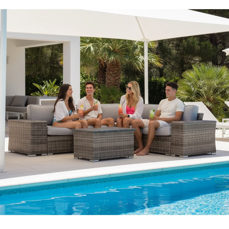 Ensemble de conversation en osier pour 4 personnes avec coussins, entièrement assemblé, Mélange de gris