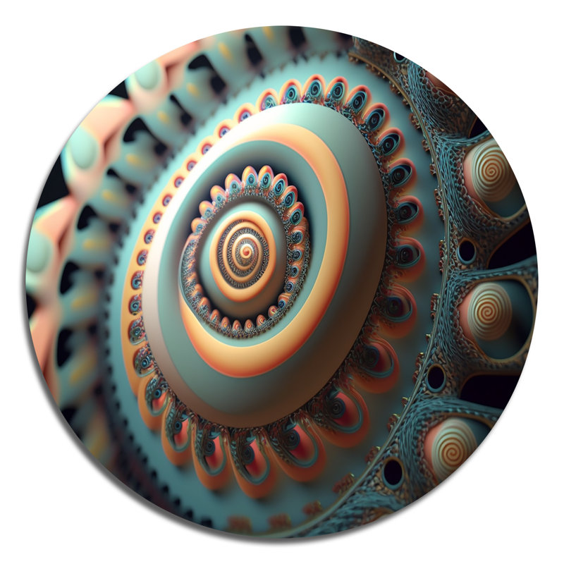 Or et turquoise spirale fractale III - Art abstrait géométrique rond sur métal, L 36 po x H 36 po