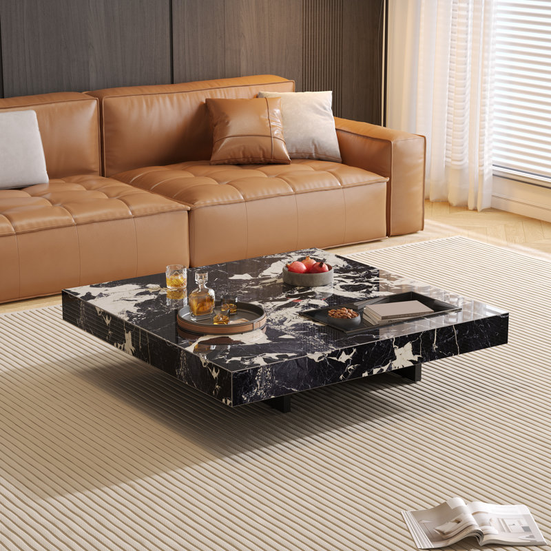 Briamarie 39.37'' Luxury Sintered Stone Square Coffee Table,Center Table with Stainless Steel Feet, Black/White