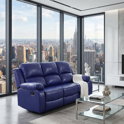 Dark Blue Vegan Leather Manual Recling Sofa