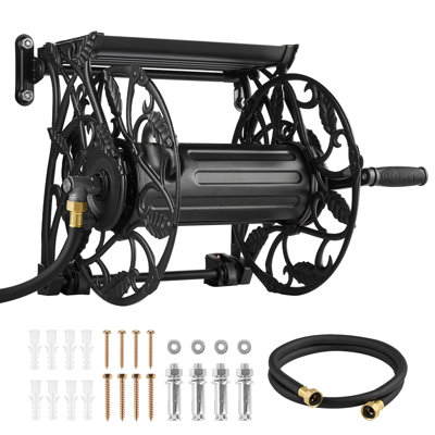 Enrouleur mural pour boyau d'arrosage, capacité de 41 mètres (135 pieds) de tuyau de 16 mm (5/8 pouce), support robuste pour boyau d'arrosage extérieur, raccord en alliage d'aluminium, motif décoratif, plateau supérieur élargi