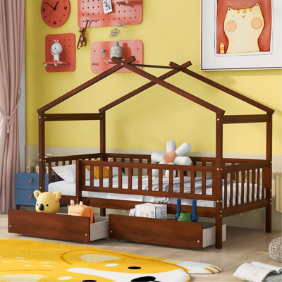 Lit simple en bois avec deux tiroirs, noyer