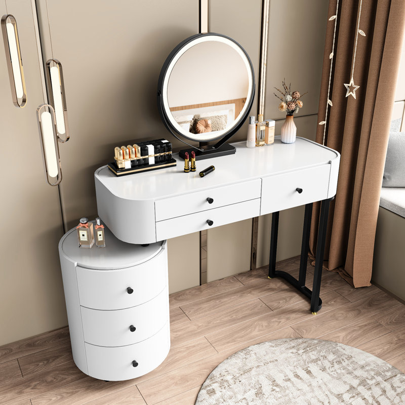 Minimalist Dressing Table With Detachable Round Mirror, Triple - Color Lighting For Facial Details, Three Drawer Storage On Main And Side, Reversible Side Cabinet, Adjustable To Bedroom Layout, White