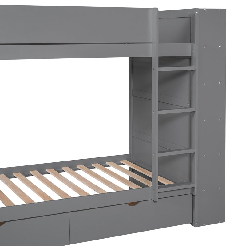 Twin Over Bunk Bed In Gray With Functional Cabinetry - 2 Drawers And Multi-Layer Cabinet Storage, Gray, Twin