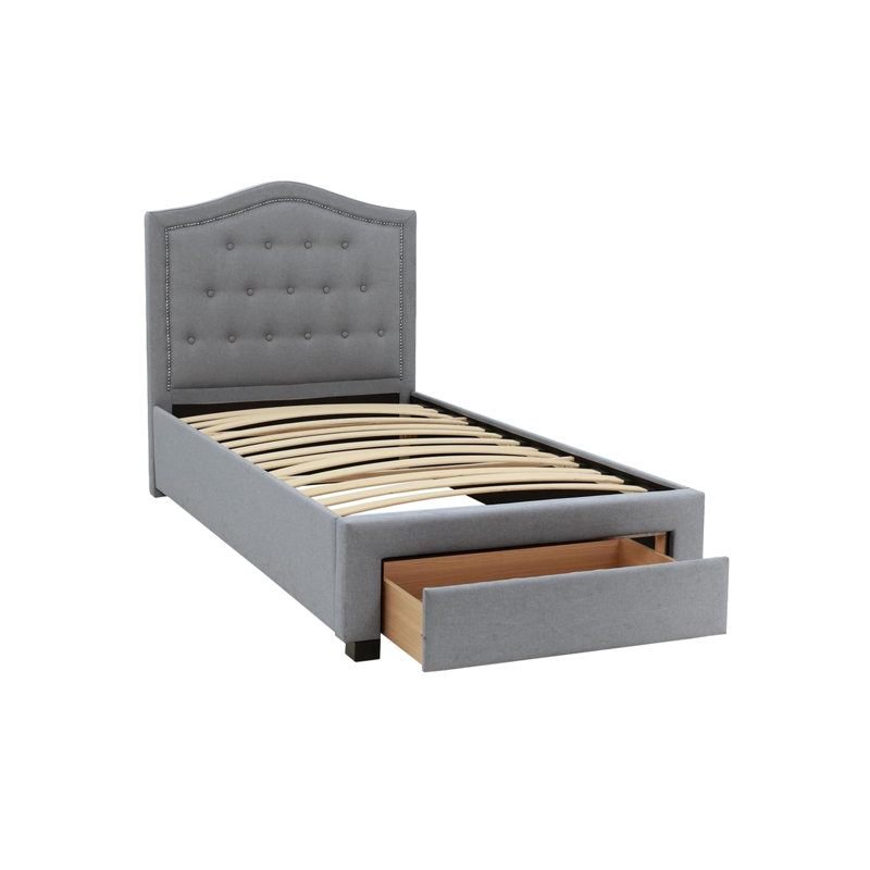 Lit simple contemporain avec tête de lit et tiroir en toile de jute gris pratique