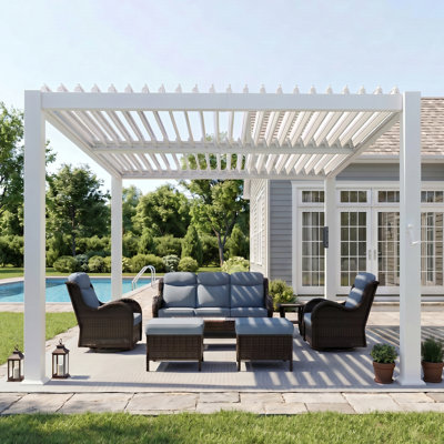Pergola à persiennes d'extérieur 10 pi x 10 pi avec lumières DEL à 3 niveaux, toit réglable en aluminium, commande à manivelle latérale, pavillon de jardin à toit rigide pour patio, terrasse, cour arrière
