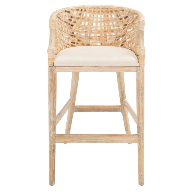 Morency Transitional Bar Stool - Mahogany Frame with Textured Rattan Backrest & Foam Cushion, Beige, White