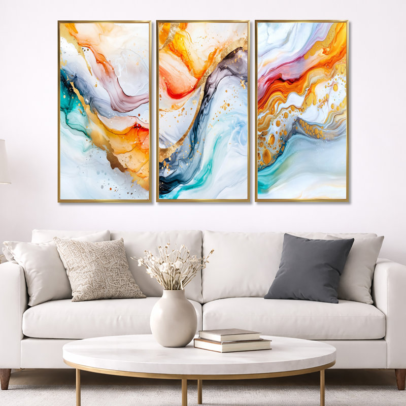 Encre, explosion de liquide - art mural abstrait 3 pièces, Cadre flottant doré, H 40 po x l 60 po