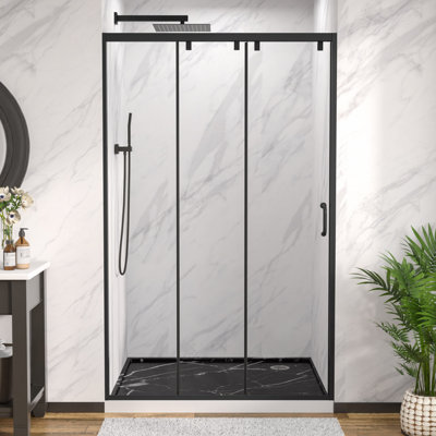 76" H × 48" W Frameless Sliding Shower Door, Tempered Glass Shower Enclosure With 27 1/16" Walk-through Width, Matte Black Finish Bathroom Shower Door