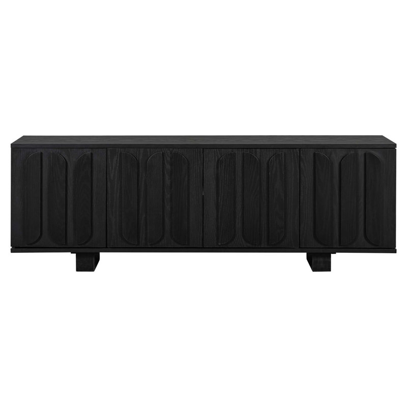 Meuble télé de 63 po pour téléviseur de 75 po ou moins, console multimédia moderne avec tablettes réglables et système de gestion des câbles, centre de divertissement à poignée décorative en bois