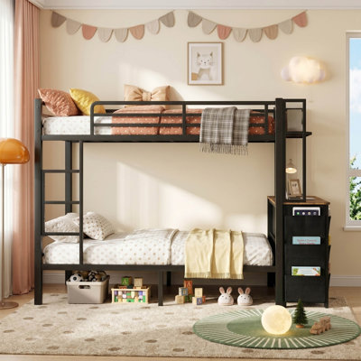 Lit superposé simple en métal avec bureau et tiroirs de rangement en tissu