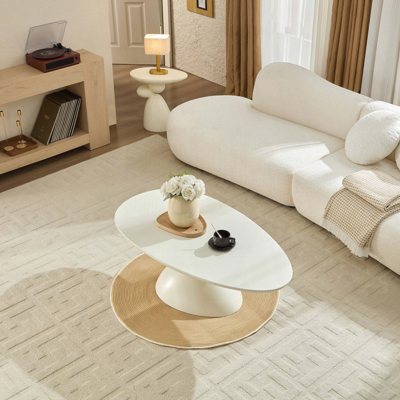 Table basse ronde avec base galet empilé - gris pierre moucheté clair, Blanc