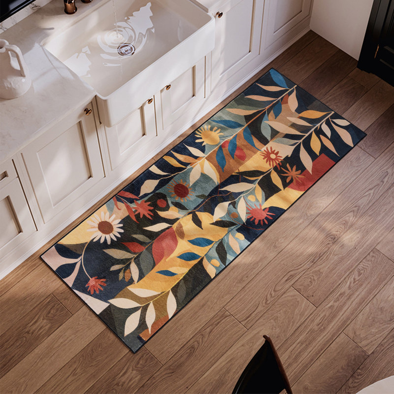 Machine Washable Modern Abstract Floral Area Rug Non-Slip Backing Black/Brown/Beige Indoor Carpet for Living Room, Bedroom, Hallway Runner