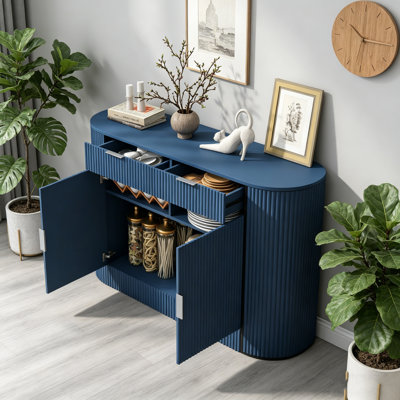 55.1'' Modern Storage Cabinet With 2 Doors, 2 Drawers & Stripe MDF, Curved Side Door