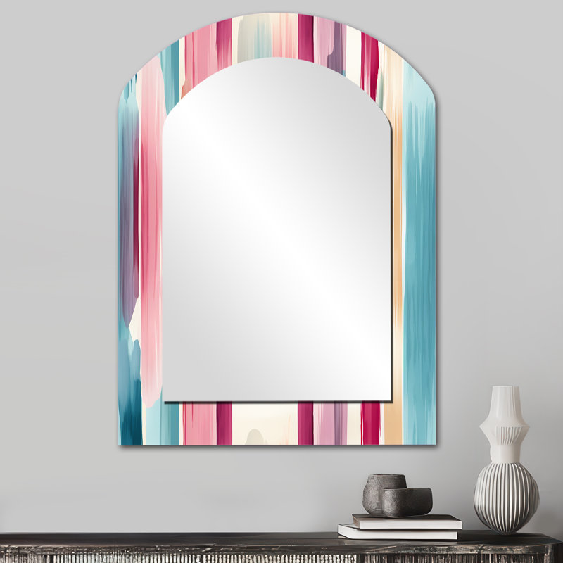Blue And Pink Artist Strokes Line Pattern Bliss - Mid-Century Arch Wall Mirror, 34" x 25"