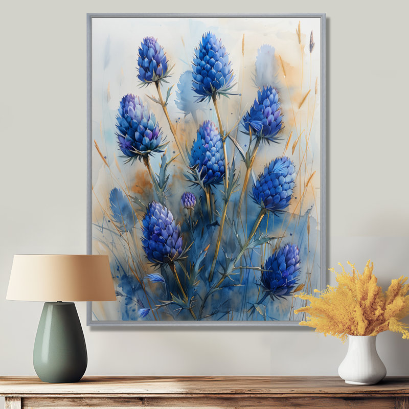 Décoration murale matin chardon bleu d'été II - chardon, H 20 po x l 12 po x P 1 po, Toile argentée avec cadre flottant