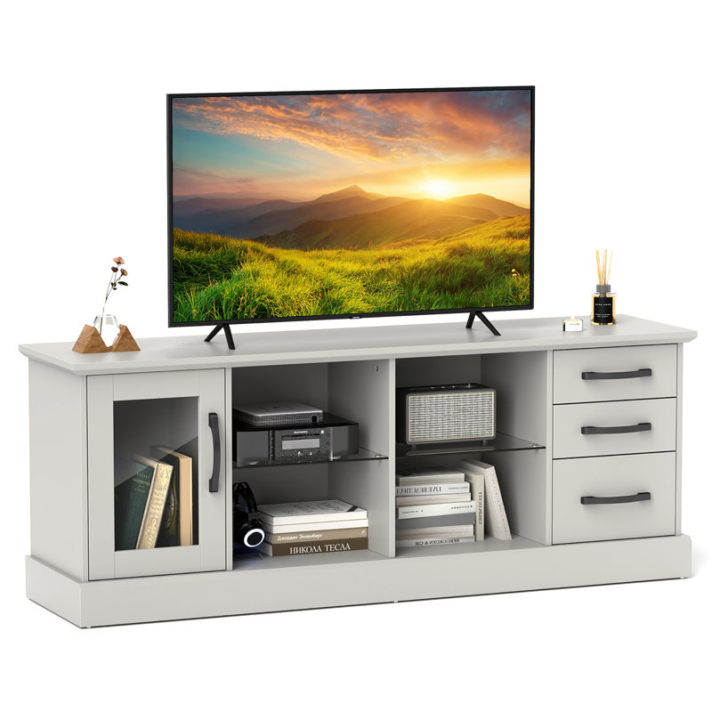 63'' Media Console Table w/ 3 Drawers 2 Glass Shelves Cable Holes for Living Room, Gray