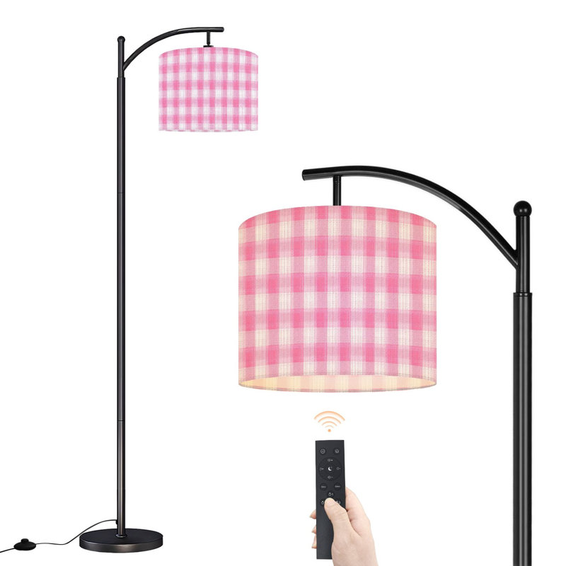 Lampe sur pied à arc avec abat-jour réglable à carreaux vichy rose Lampe sur pied à carreaux romantiques douces 3 températures de couleur Lampe à mât haut avec interrupteur au pied pour la chambre à coucher