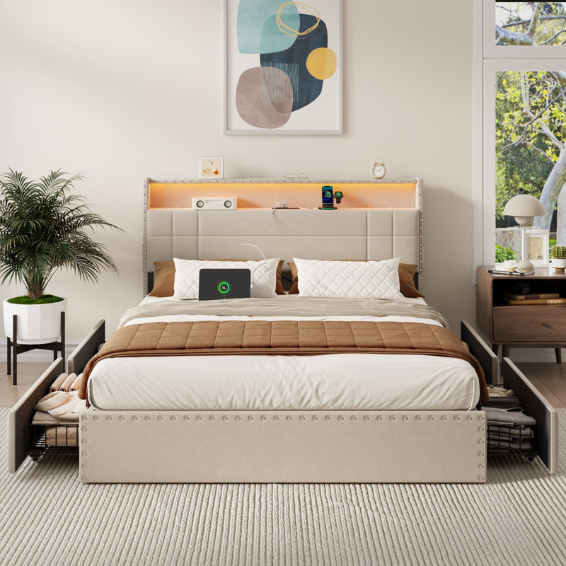 Modern Upholstered Platform Bed Frame with LED Lights, Charging Station, 4 Storage Drawers, Metal Slats Support, USB & Type-C, No Box Spring Needed