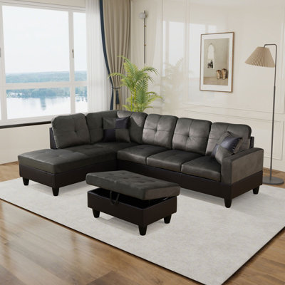 Sidra 3-Piece L Shaped Sectional Sofa, Chaise & Ottoman - Taupe/Dark Brown - 2 Tone