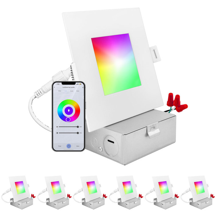 Luxrite 4 Inch Square Smart LED Recessed Lighting, RGBW Colour Changing, Wifi App Control, Voice Control With Alexa And Google Home, No Hub Required, 10.5W 700LM, CRI 90, IC Rated, Wet Rated (6 Pack)