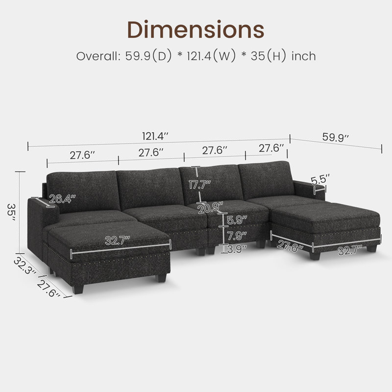 Anureet U-Shaped Modular Storage Sectional Sofa Reversible Couch, Dark Gray Polyester, 35" H x 121.4" W x 59.9" D
