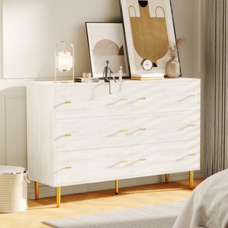 Commode 6 tiroirs pour chambre à coucher, commode rustique en bois de 47,2 po de largeur avec poignées de bar, design rétro, commodes de rangement