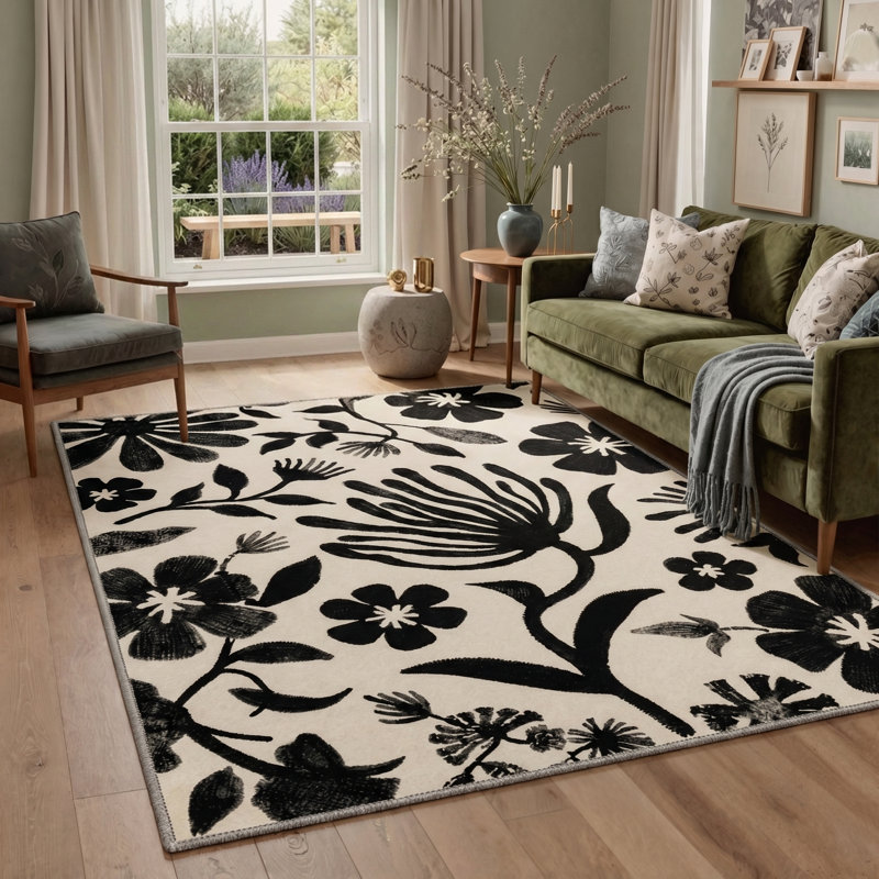 Tapis beige / noir à motif floral lavable à la machine avec envers antidérapant Veridiana, Rectangle 144 po x 108 po