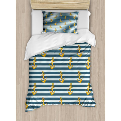 Ambesonne Harbour Stripe Duvet Cover Set, Vintage Anchors, Twin, Earth Yellow Slate Blue -  nev_39559_twin