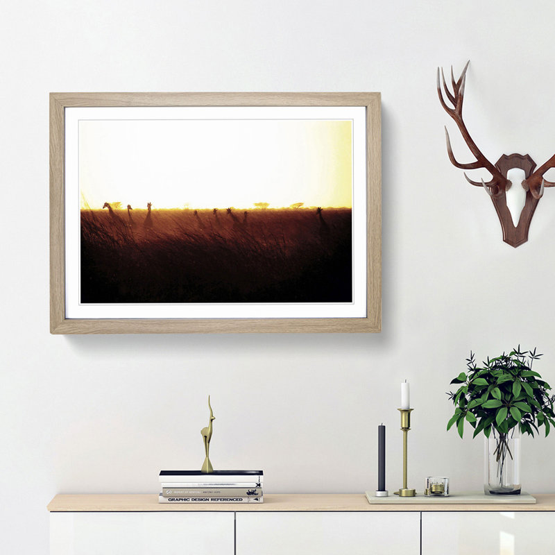 Giraffes at Sunset - Picture Frame Graphic Art Print, 48cm H x 65cm W x 2cm D, Oak Framed