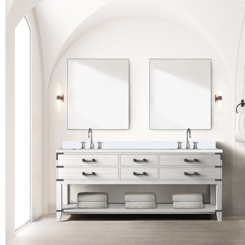 Meuble-lavabo double 80 x 22 en chêne blanc, comptoir en quartz, robinet, fermeture en douceur et rangement multiple