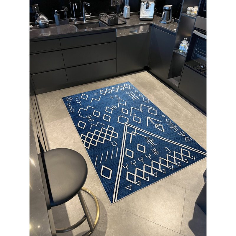 Tapis décoratif moderne à motif géométrique bleu marine, Rectangle 4 pi 11,06 po x 9 pi 10,11 po