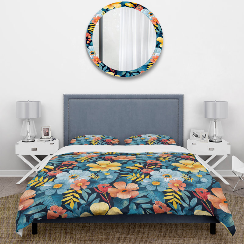 Ensemble de housse de couette jaune bleu tropical Tropical Blooms II - Midcentury