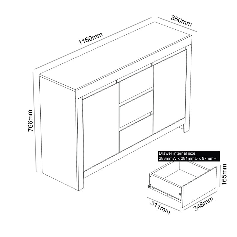 Ellani Cubbot Wide 2 Door 3 Drawer Sideboard, Cool Grey