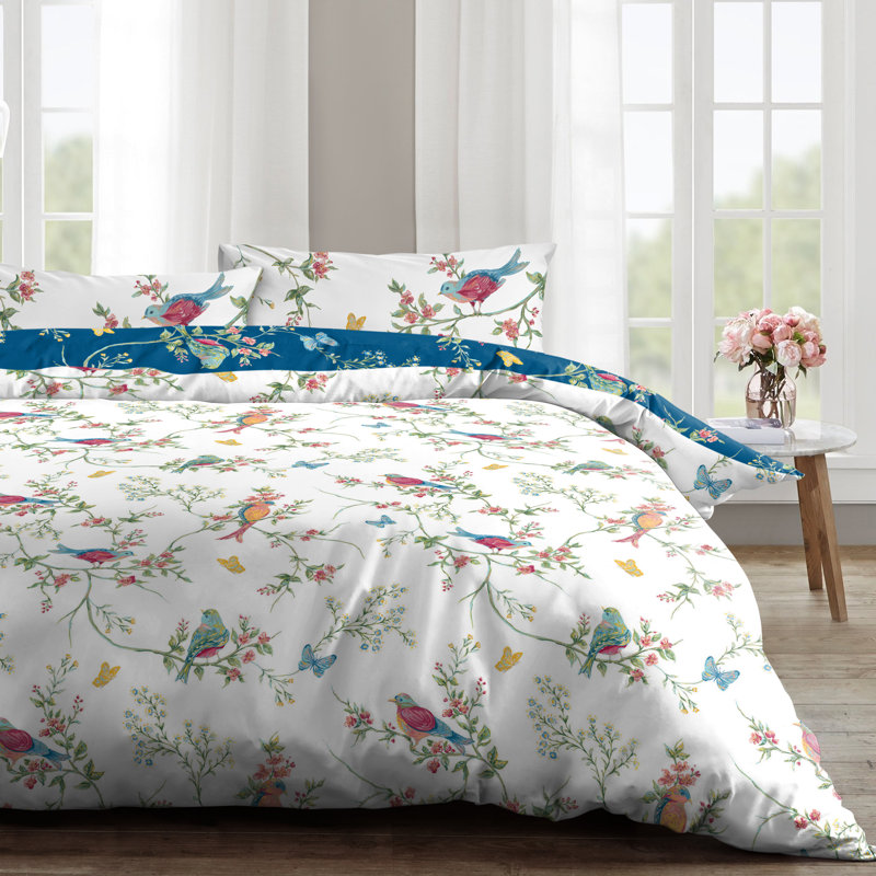 Rasheema Duvet Set, Super King - 3 Standard Pillowcases, Delicate Birds Floral, Navy/White