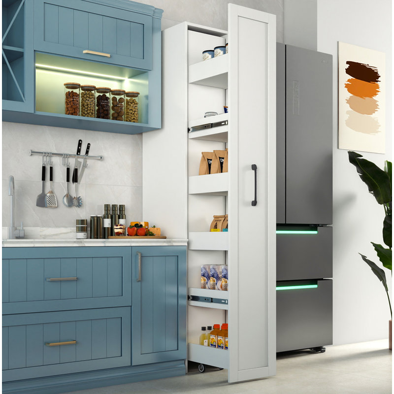 Blanc, grand chariot de rangement mince, chariot de cuisine roulant, armoire de rangement étroite avec poignée et roulettes, support à épices en bois à côté du réfrigérateur, tablette de garde-manger pour la cuisine, petits espaces