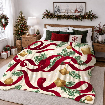 Christmas Ribbon and Pine Ornament Theme Throw Blanket, 30 x 40 in