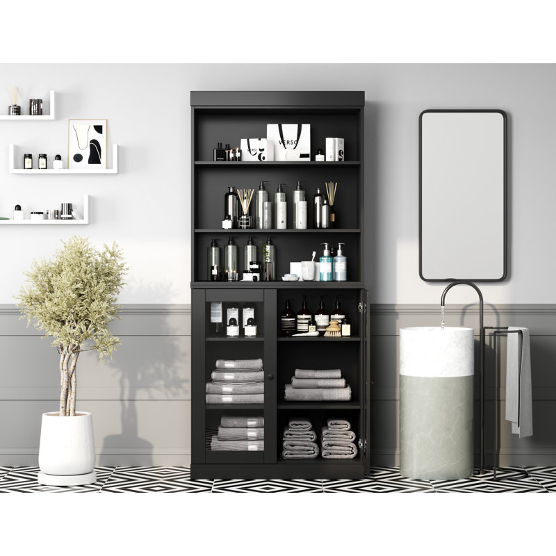 Armoire de salle de bain 100% bois massif 32 "avec portes en verre et tablettes réglables, Noir, noir, noir, noir